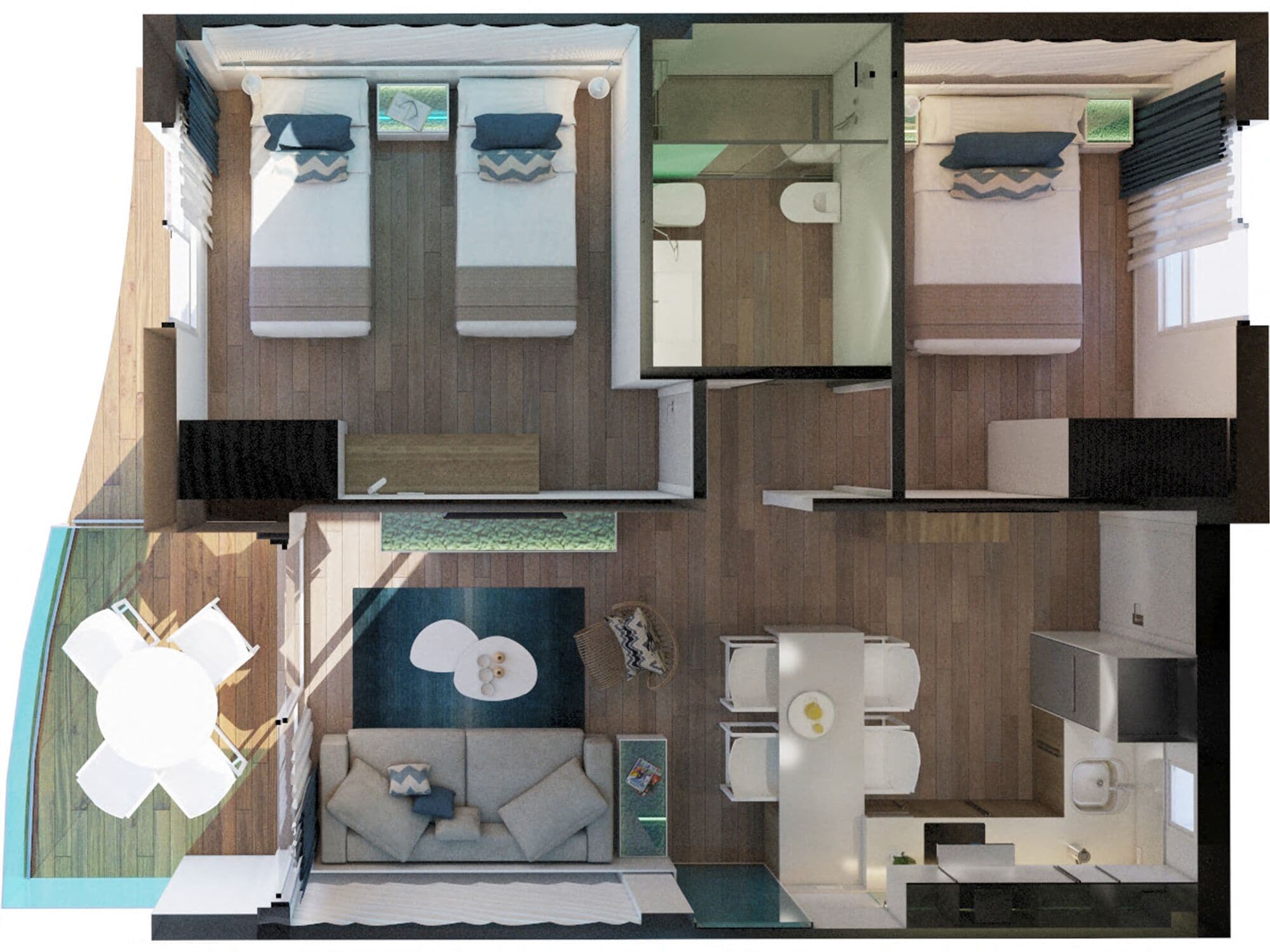 A floor plan of a hotel room with a bed, a bathroom, a kitchenette, and a seating area.