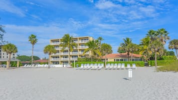 On the beach, sun loungers, beach towels