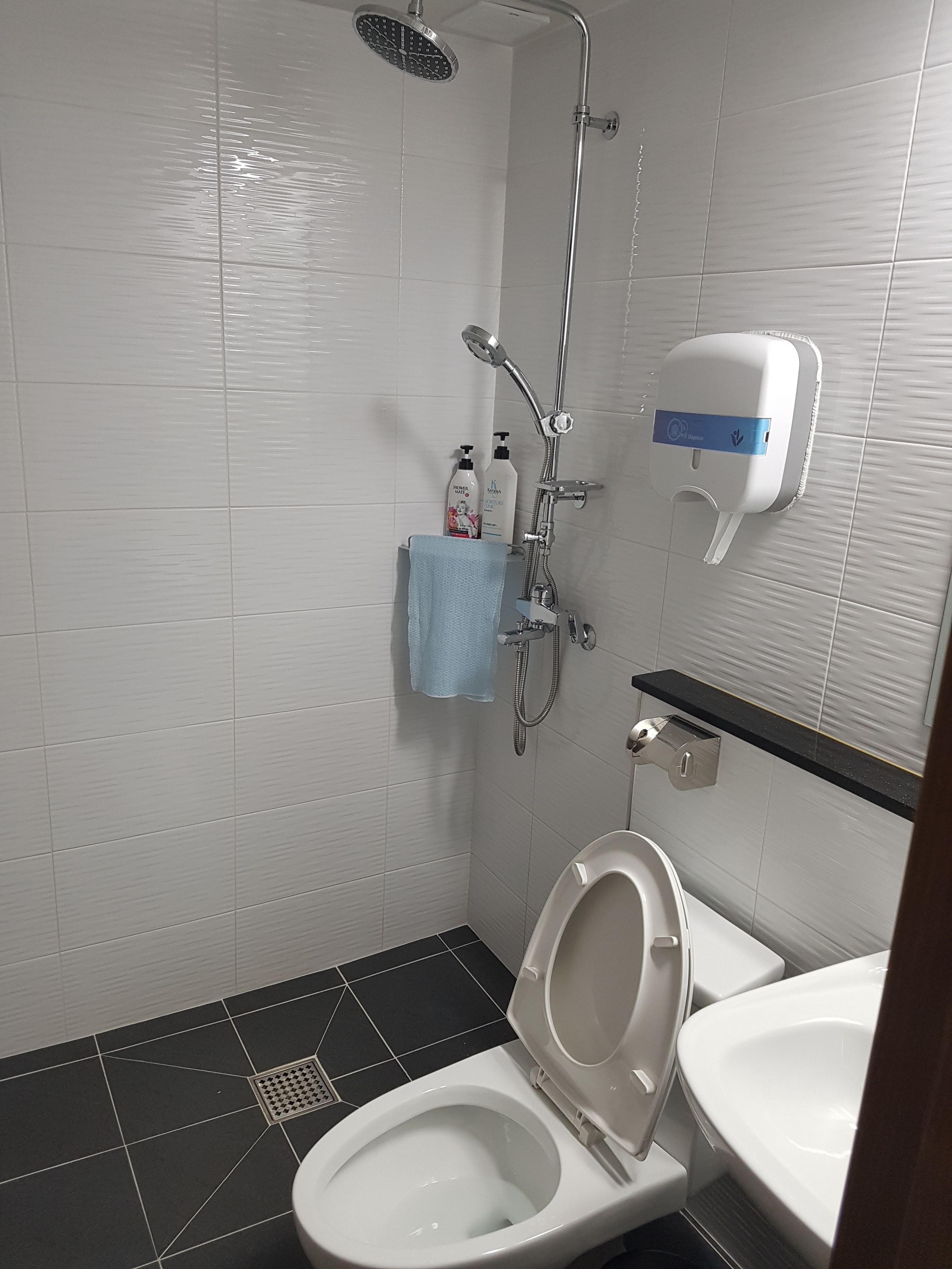 A modern bathroom with a toilet, bidet, and shower.