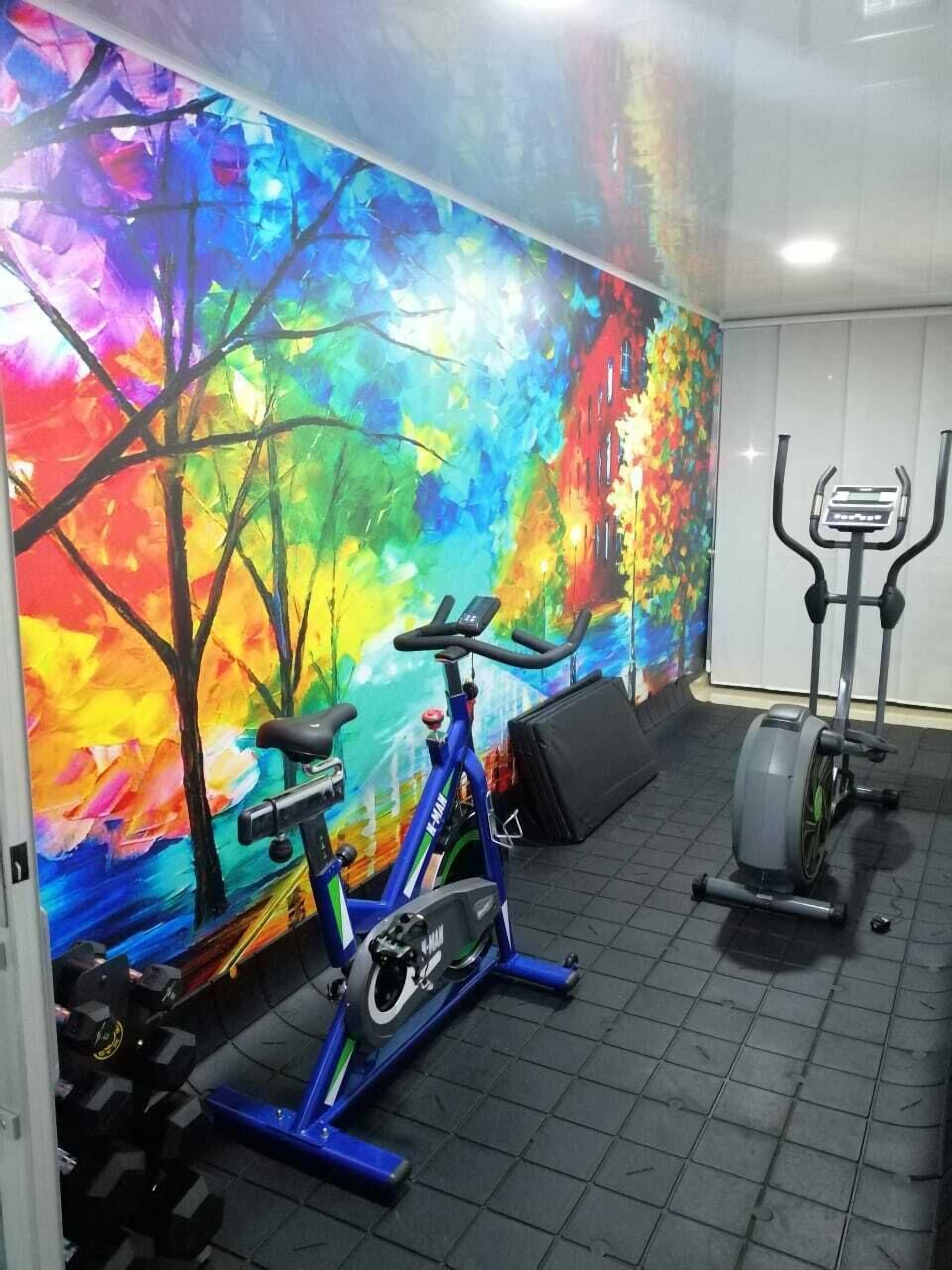 A gym with a stationary bike, elliptical, and weights.