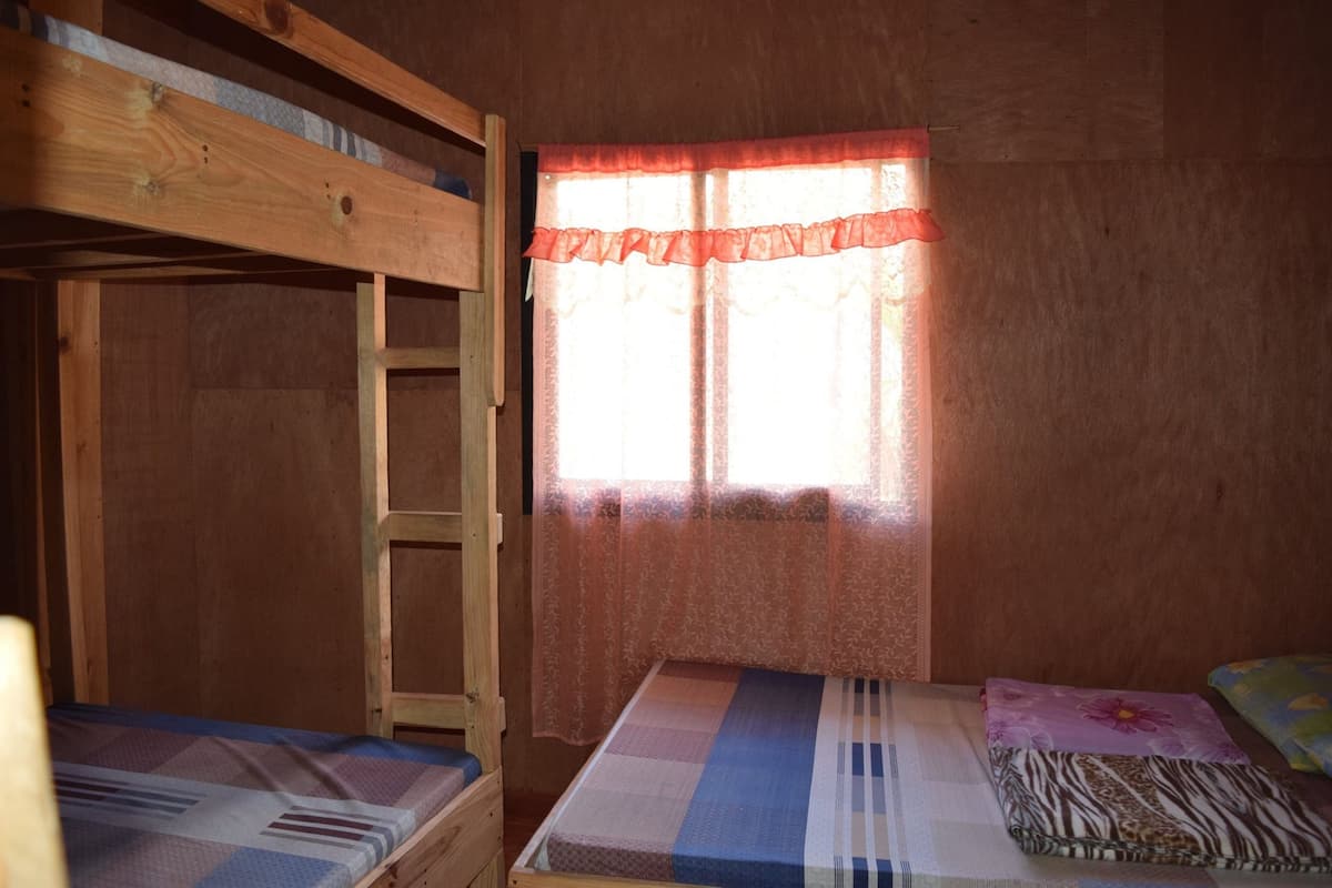 A wooden room with a bunk bed, a single bed, and a window with a sheer curtain.