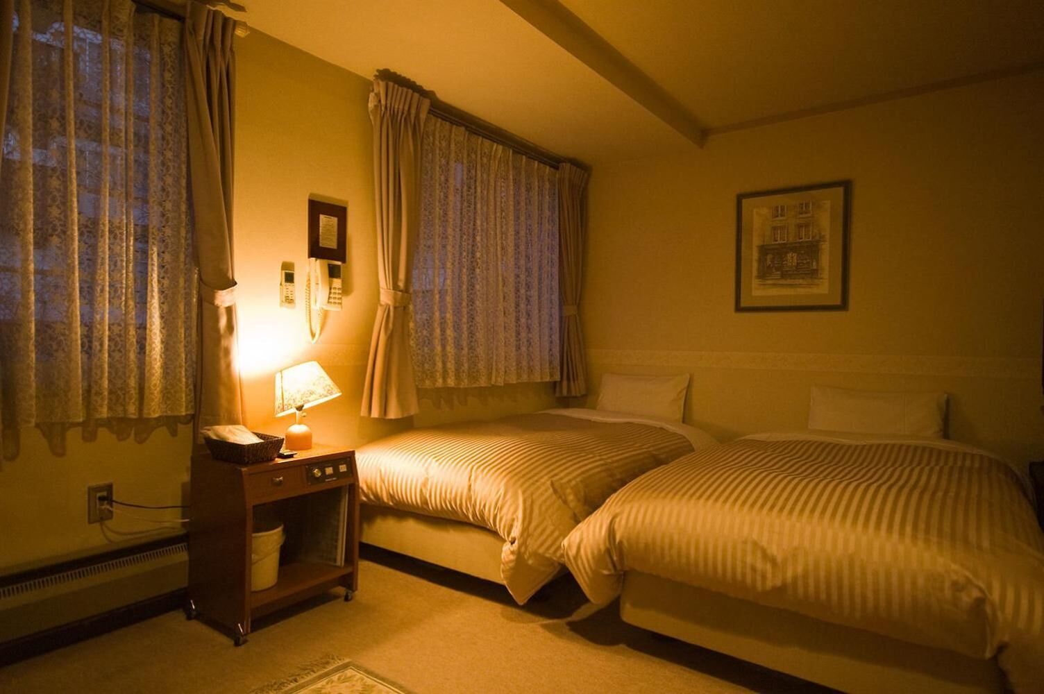 Down comforters, desk, blackout drapes, soundproofing