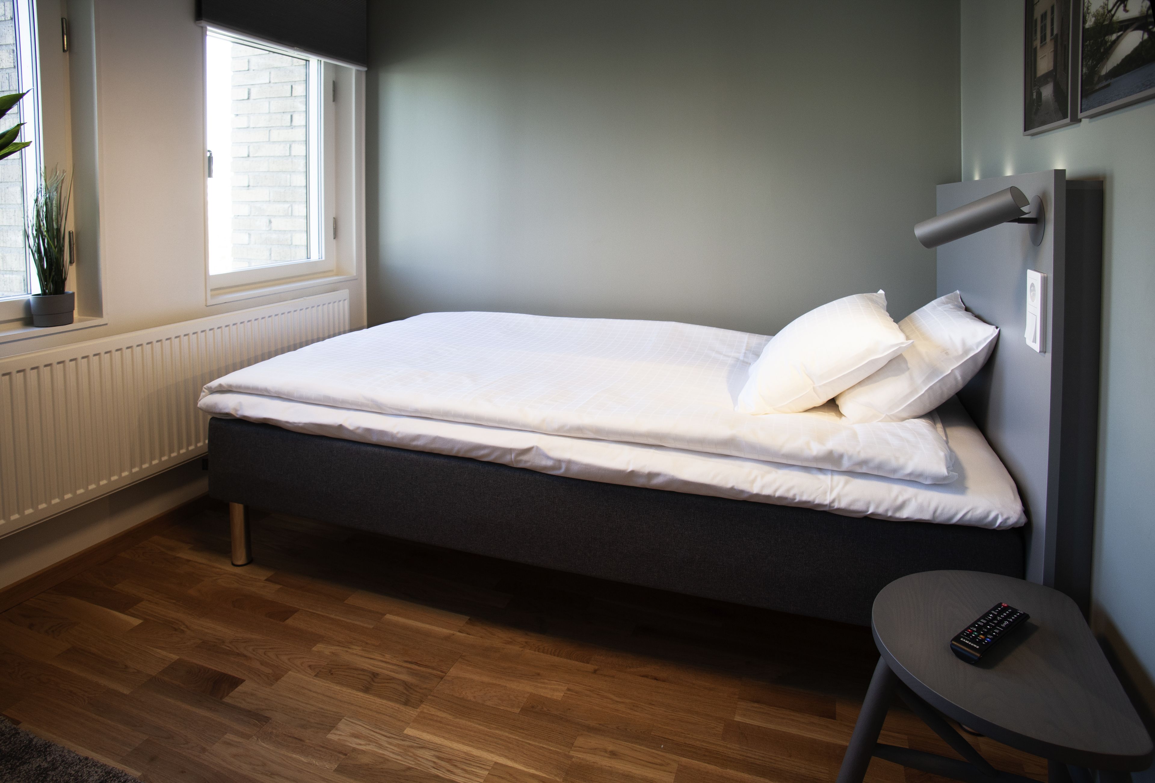 Un dormitorio con cama, ventana, radiador, planta y mesita de noche con control remoto.