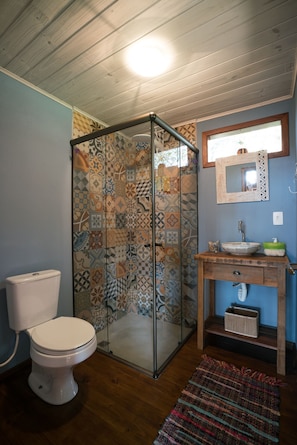 Bathroom features a shower enclosure, toilet, and wooden vanity with a mirror.