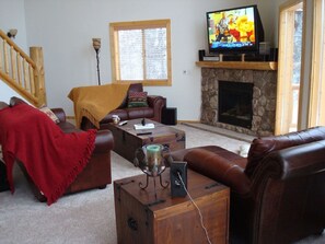 Smart TV, fireplace, DVD player, books
