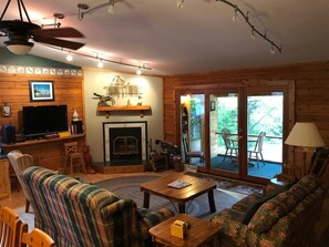 Télévision, cheminée, lecteur de DVD