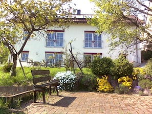 A courtyard with a bench, a white building with multiple windows, and various plants and flowers.