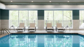 Una piscina amb quatre gandules i vista a arbres a través de grans finestres.
