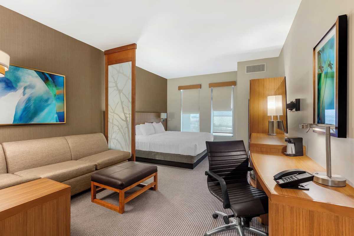 A hotel room with a bed, a sofa, a desk with a computer, a telephone, and a TV.