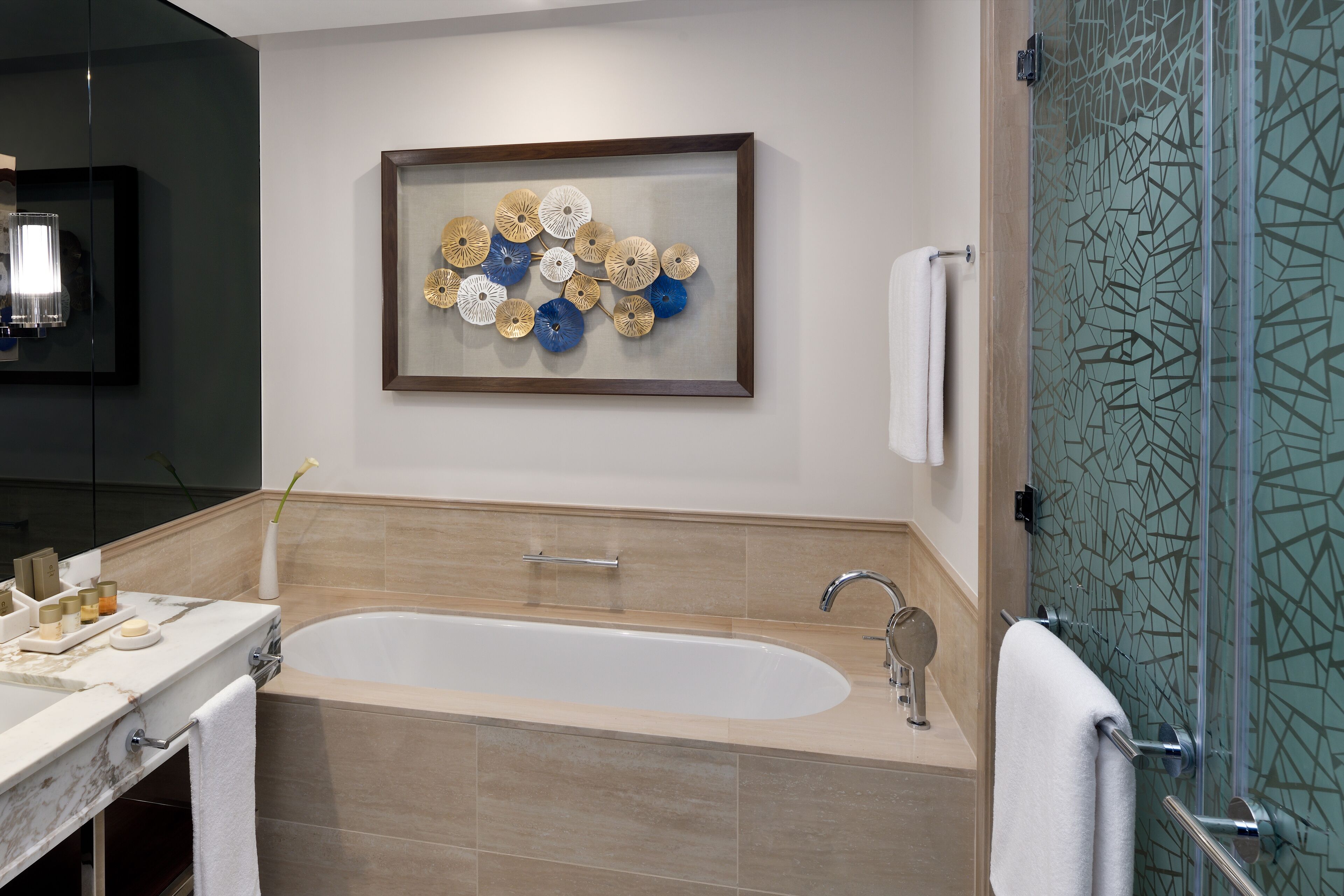 separate bathtub and shower, deep-soaking bathtub, rainfall showerhead