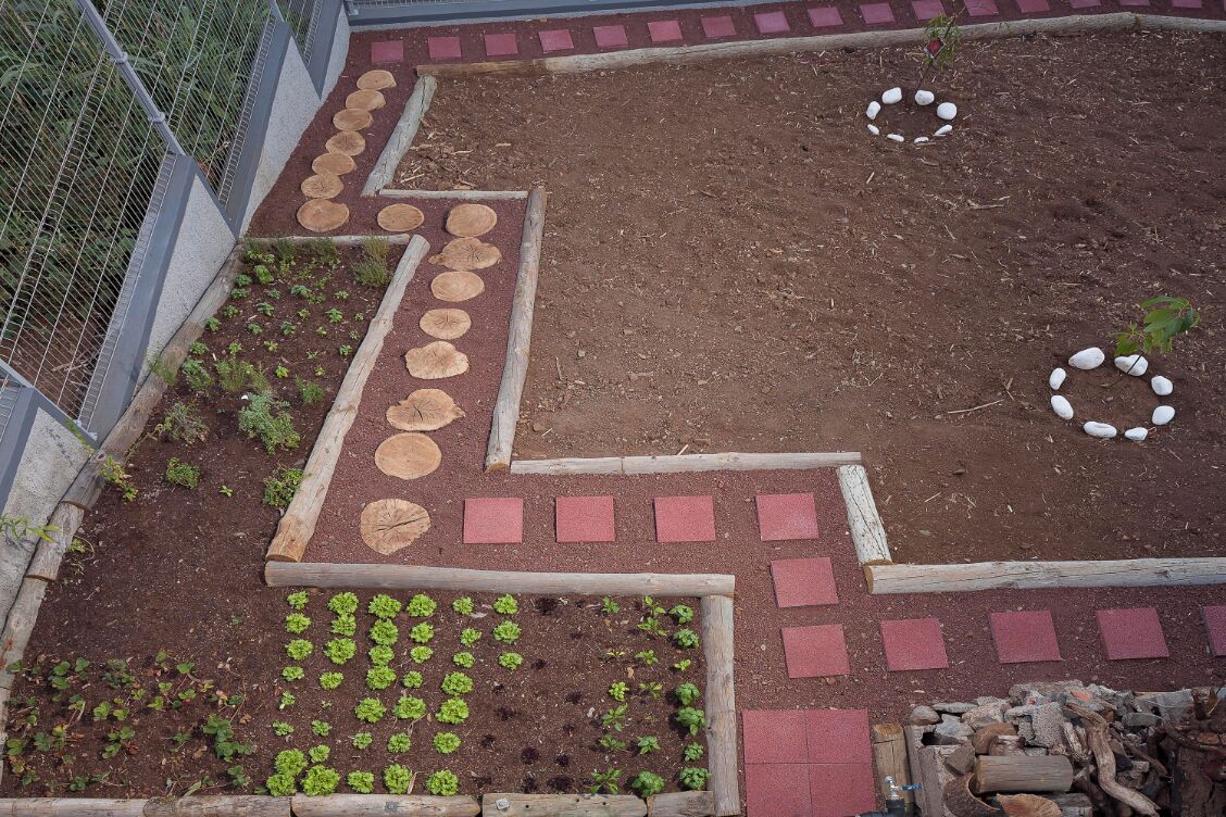 Un jardin avec des plates-bandes surélevées, un espace délimité par une clôture et un chemin.