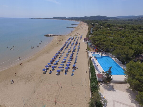 An aerial view of a beach with rows of blue umbrellas and sun loungers, a swimming pool, and a forested area in the background. - Villaggio Gabbiano Beach (Vieste)