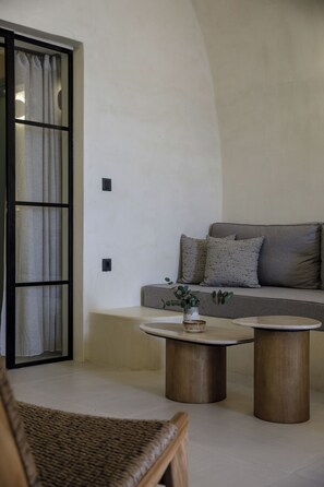 Design Villa, Sea View | Living area | Flat-screen TV, DVD player - Annouso Villa by Caldera Houses (Santorini)