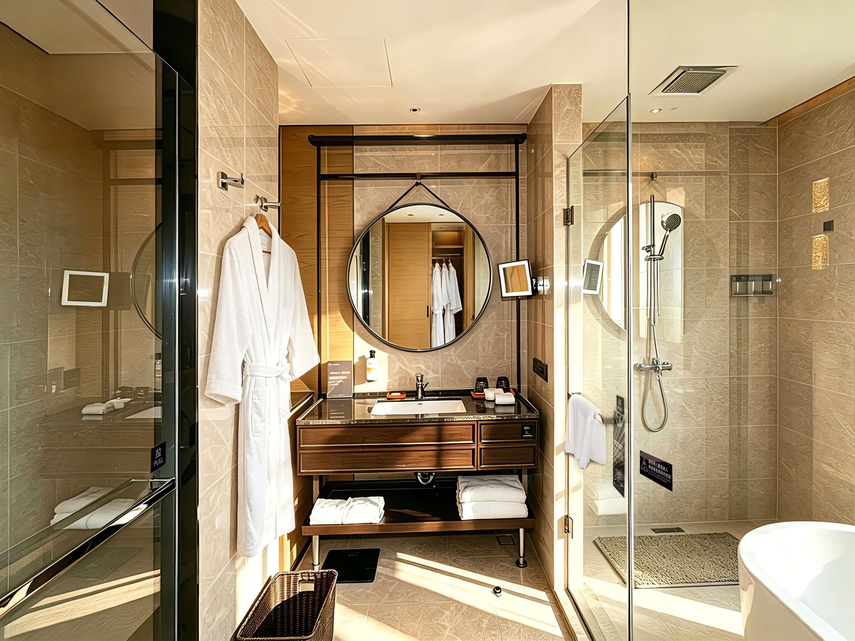 Un baño moderno con cabina de ducha de vidrio, tocador con espejo y bañera.