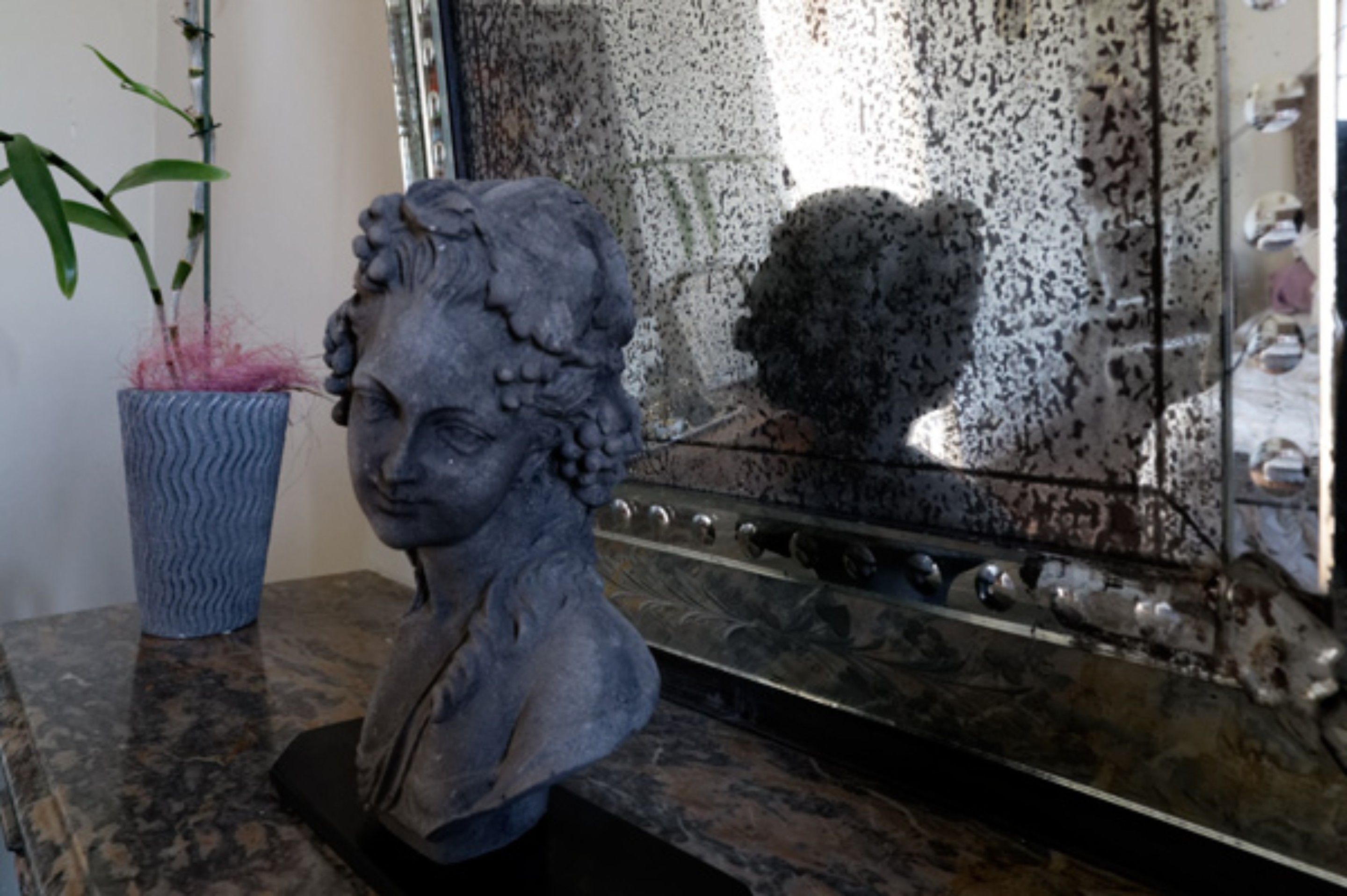 A marble bust on a pedestal, a potted plant, and a mirror with a speckled surface.
