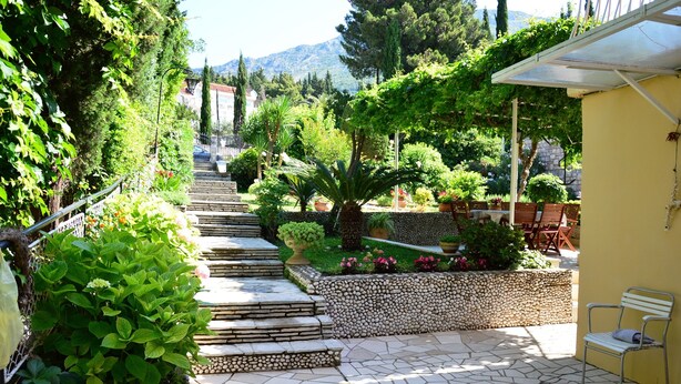 Un escalier en pierre mène à un espace extérieur abrité, agrémenté de plantes en pot et d’un banc.