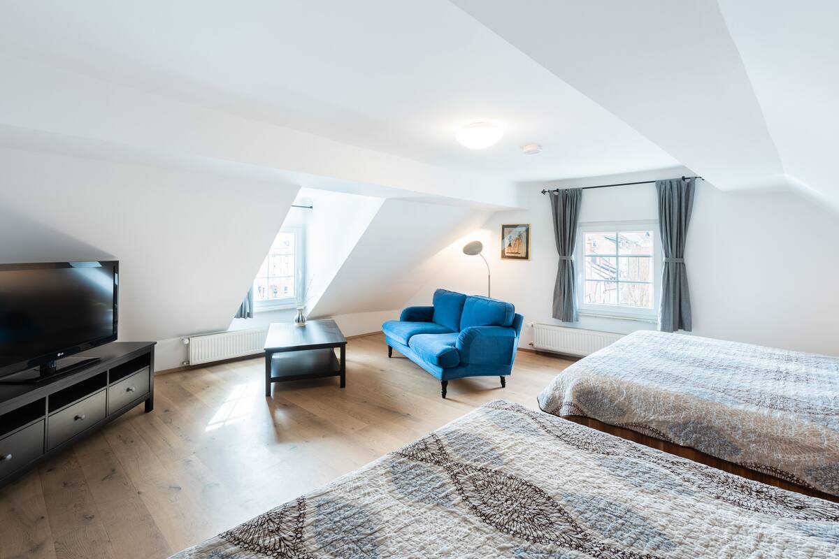 Une chambre de style loft moderne, dotée d’un grand lit, d’un canapé, d’une télévision et d’une fenêtre de toit.