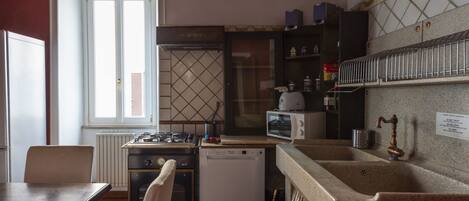 Fridge, stovetop, dishwasher, cookware/dishes/utensils