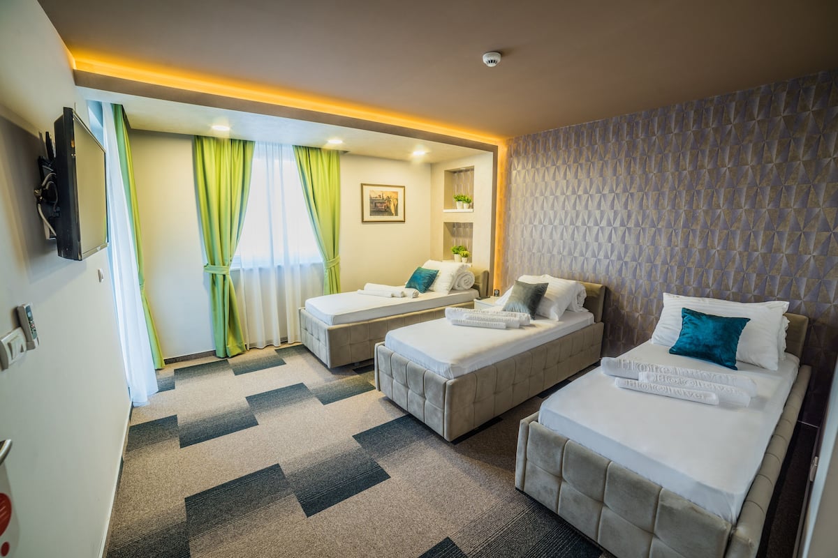 A hotel room with two beds, a TV, a small table with a plant, and a window with curtains.