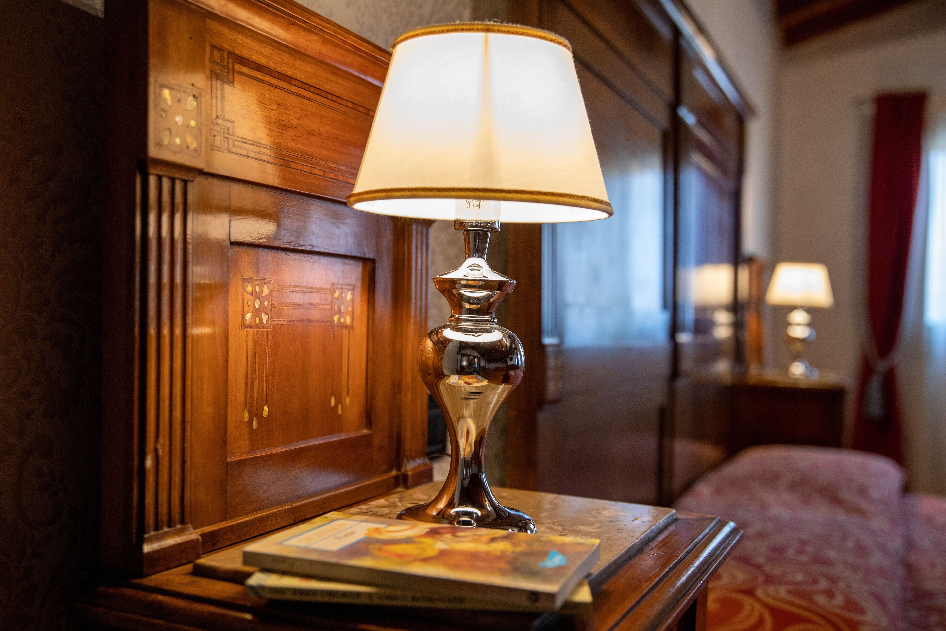 A wooden bedside table with a lamp and a book.