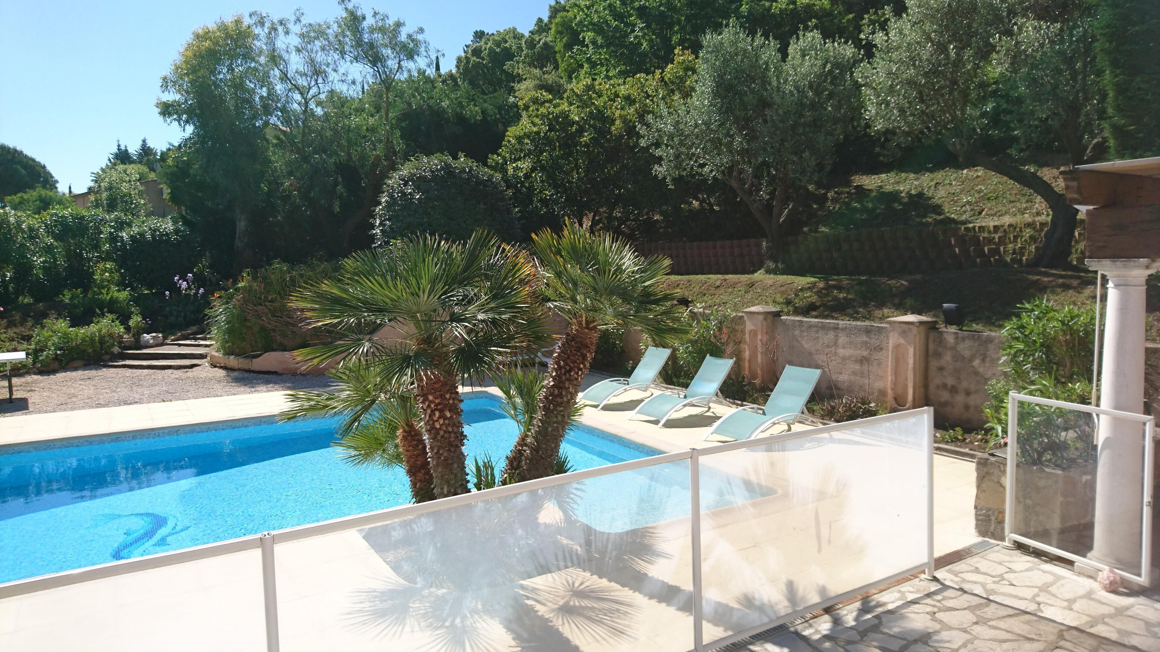 Une piscine entourée de chaises longues, de palmiers et d’un sentier en pierre.