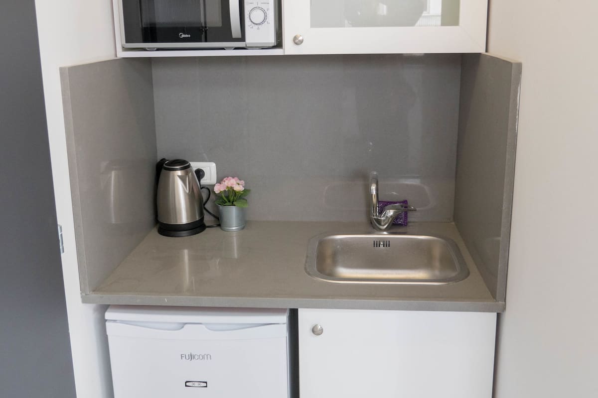 Fridge, microwave, electric kettle, cookware/dishes/utensils