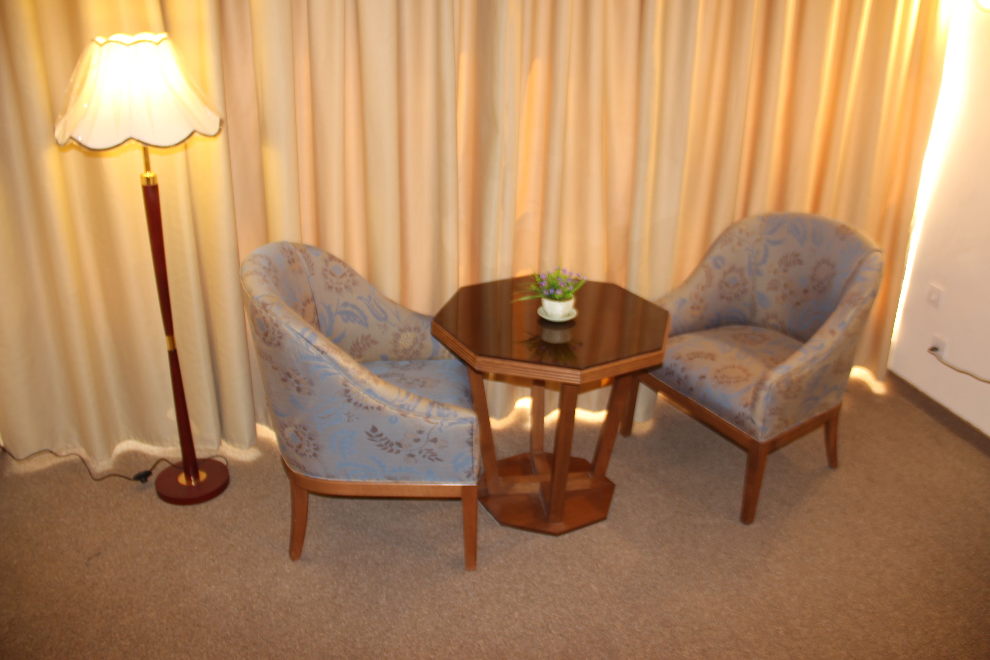 Une pièce comprenant deux fauteuils à motifs, une petite table ronde ornée d’un pot de fleurs et un lampadaire.