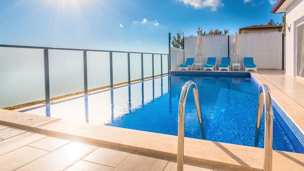 Outdoor pool, pool umbrellas, pool loungers