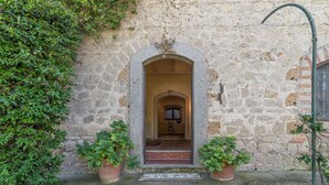 A stone building with an arched entrance, potted plants, and a visible staircase leading inside. - Bomarzo Ancient Villa (Bomarzo)