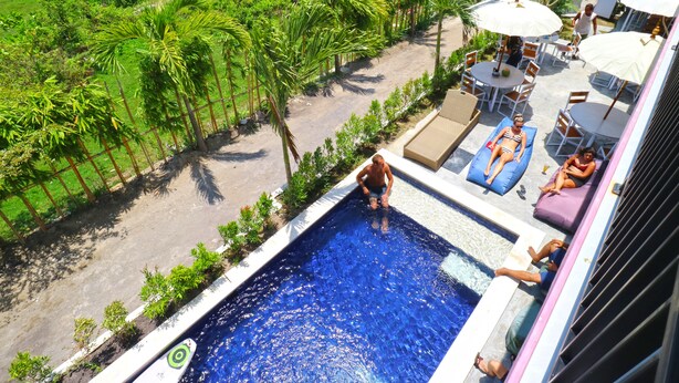A swimming pool with a clear blue water, surrounded by palm trees and greenery. There are lounge chairs and umbrellas for relaxation. - Margarita Surf Hostel Canggu (Pererenan)