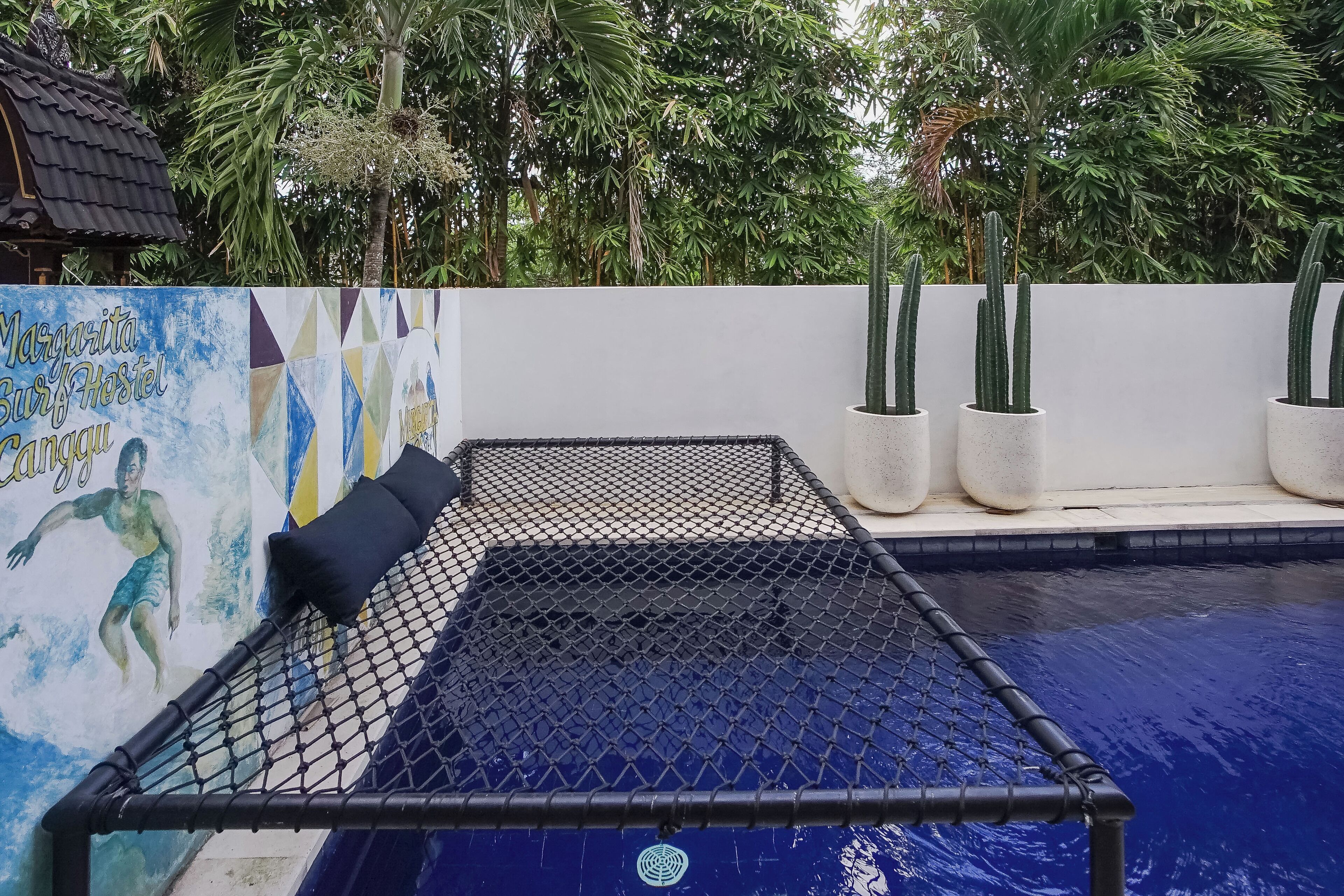 A pool area with a netted lounging area, a mural, and potted cacti.