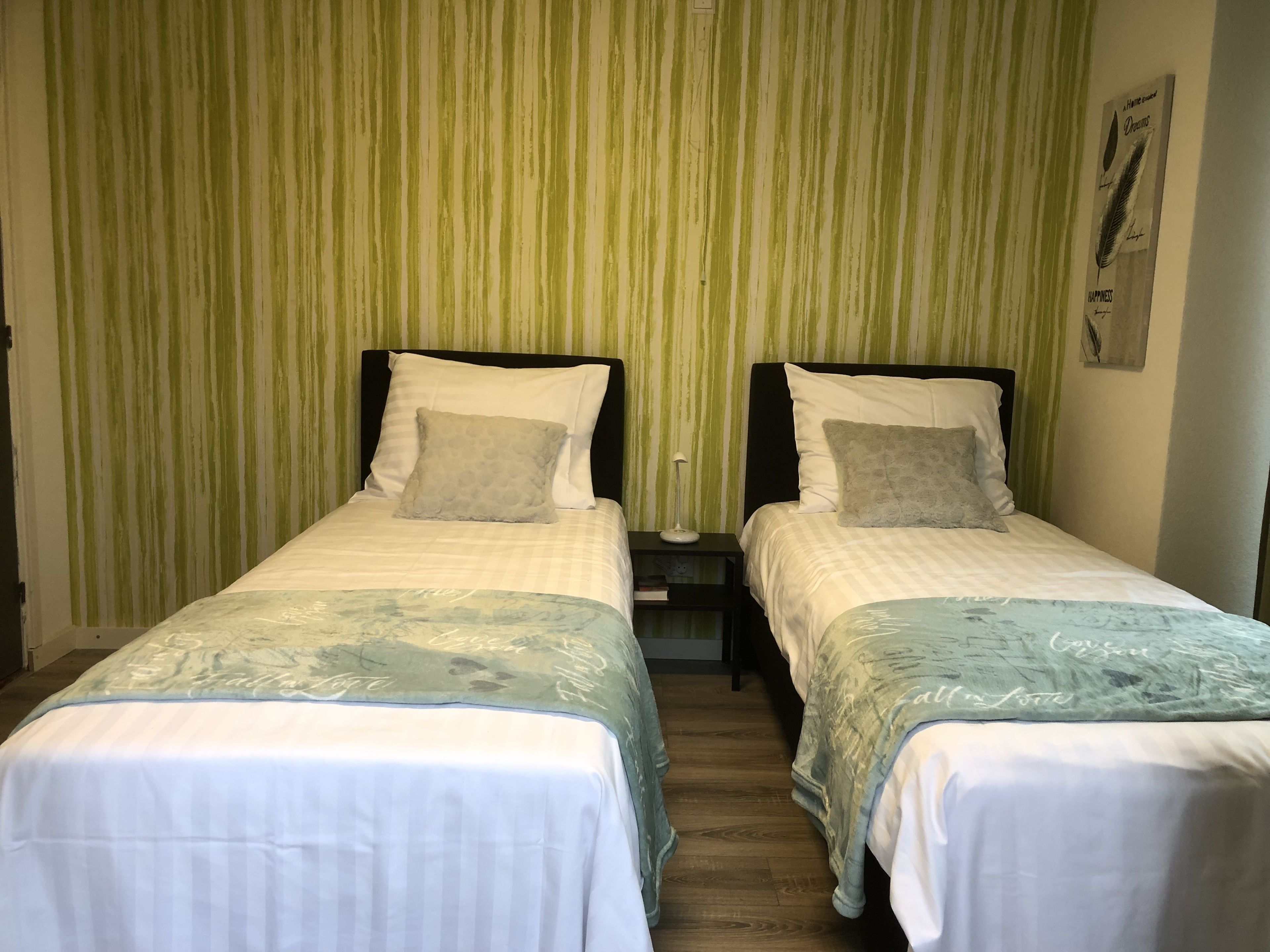 Une chambre double avec deux lits simples, chacun étant équipé d’un oreiller et d’une table de chevet.