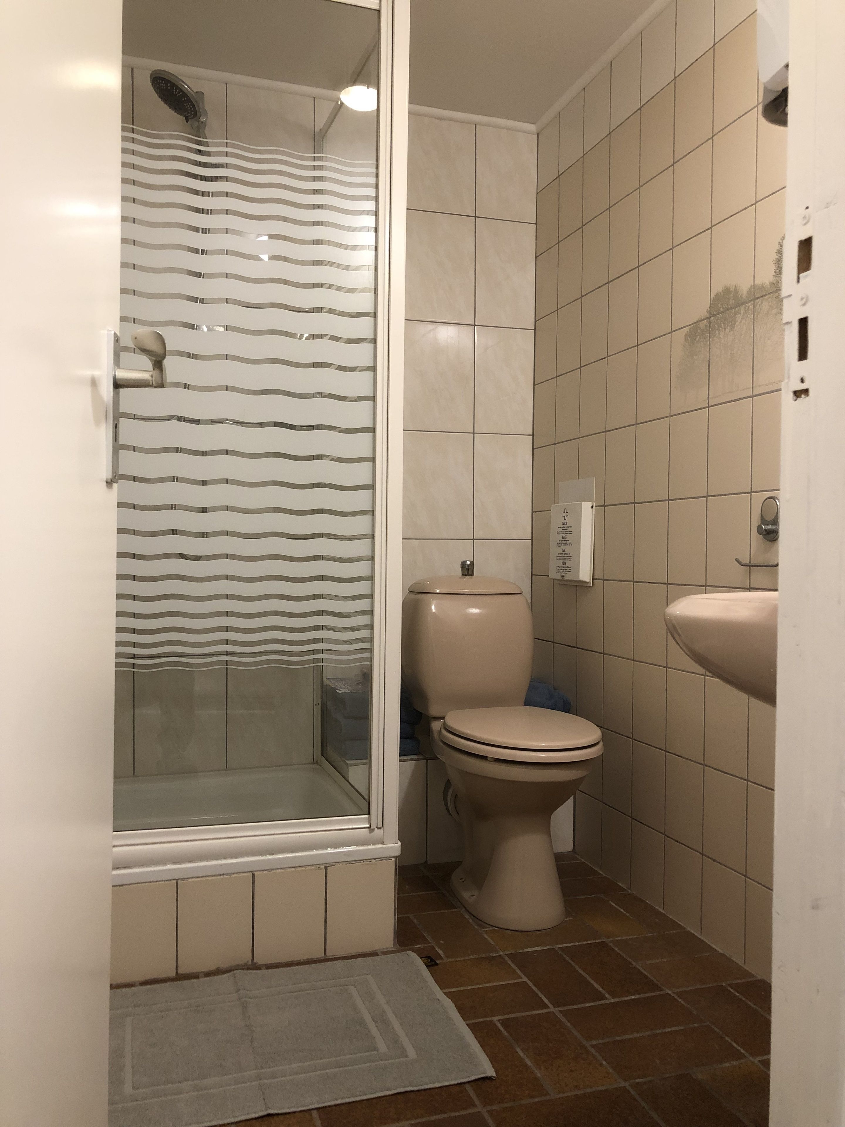 A bathroom with a shower, toilet, and sink.