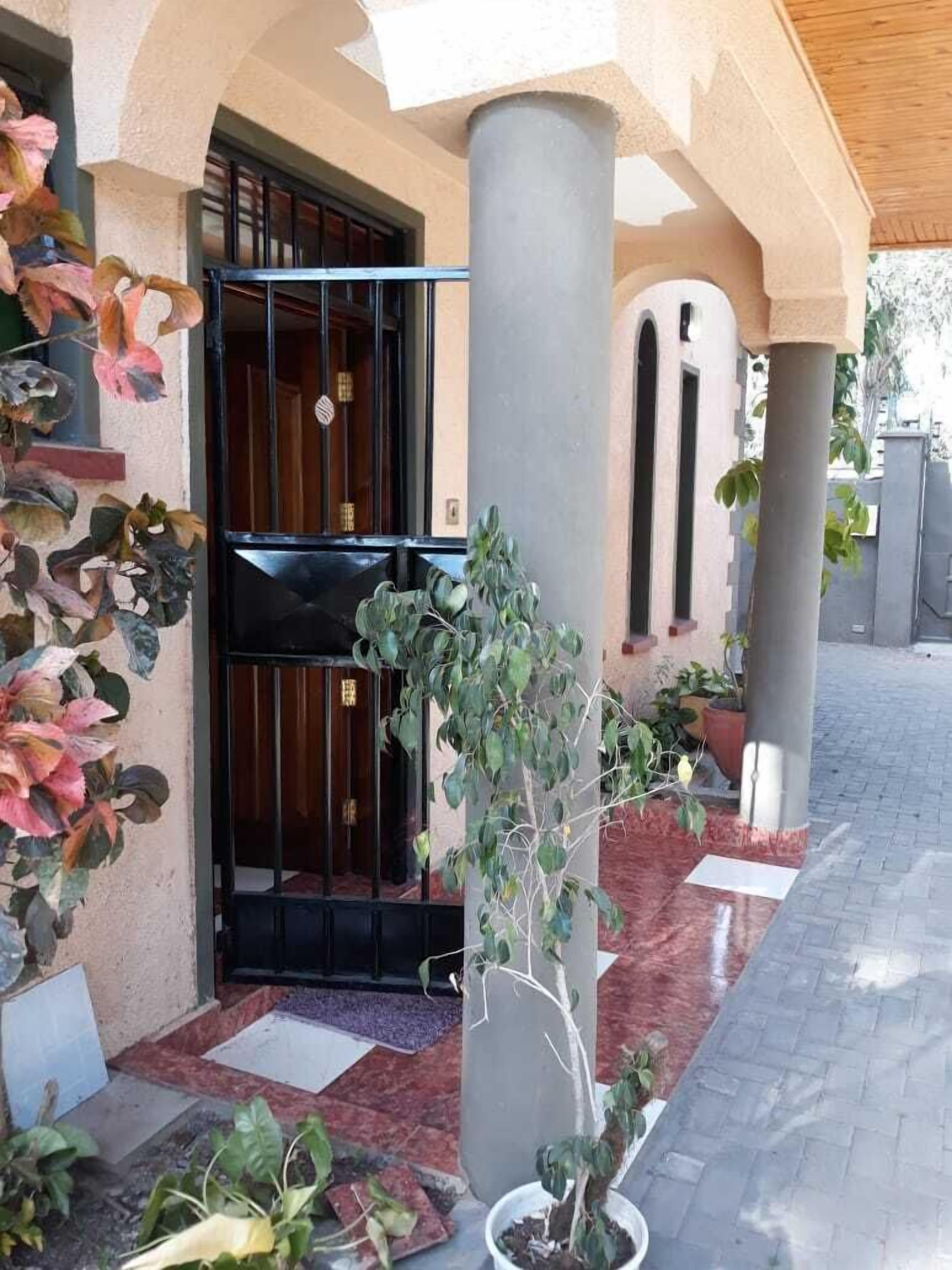 A building entrance with a black gate, potted plants, and a tiled pathway.