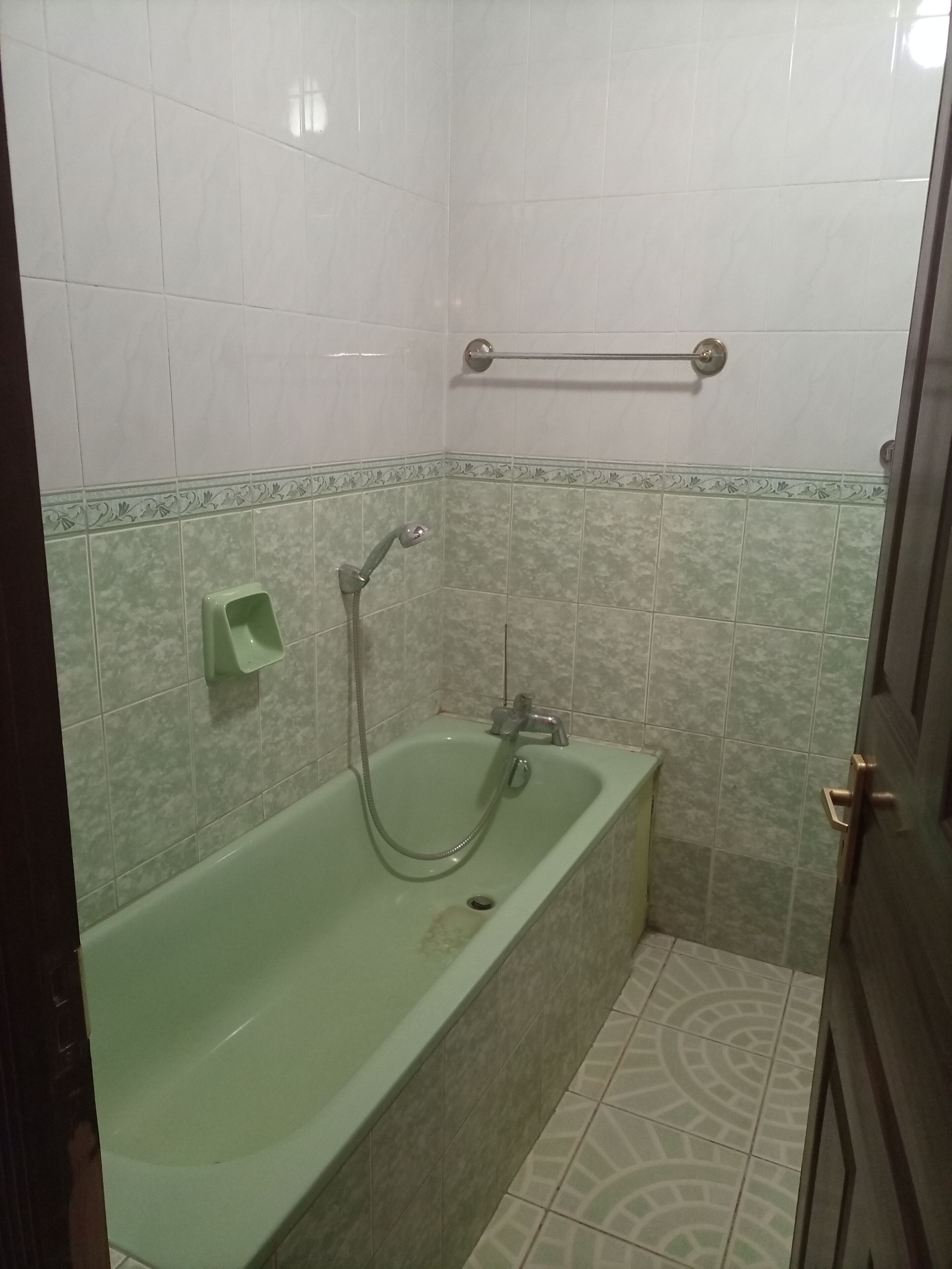 A bathroom with a green bathtub, a handheld showerhead, and a towel rack.