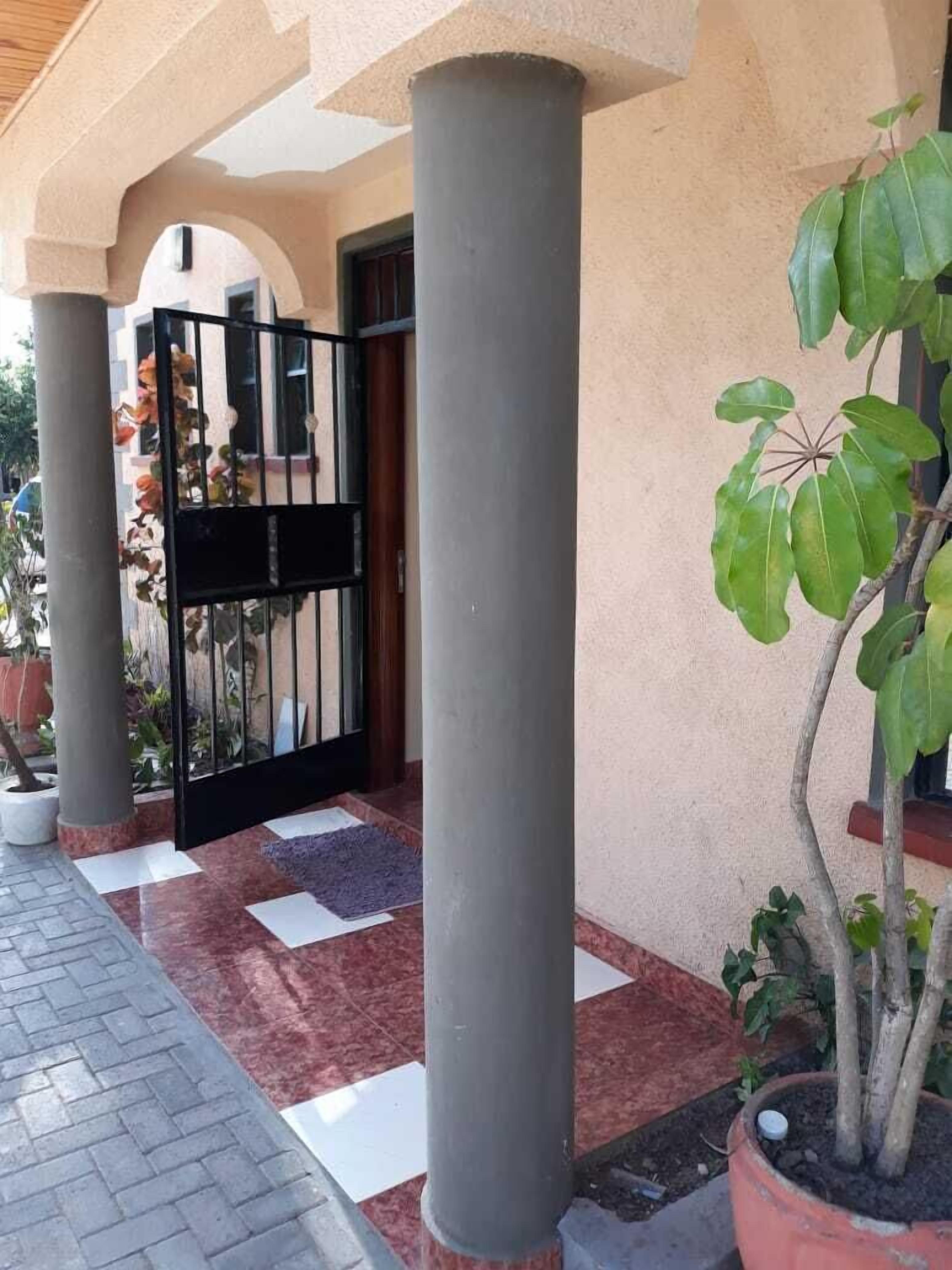Un espace extérieur abrité, doté d’un sol carrelé, d’un portail noir et d’une plante en pot.
