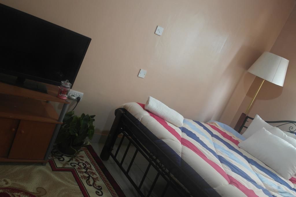 Quarto com cama, televisão, abajur e uma pequena planta.
