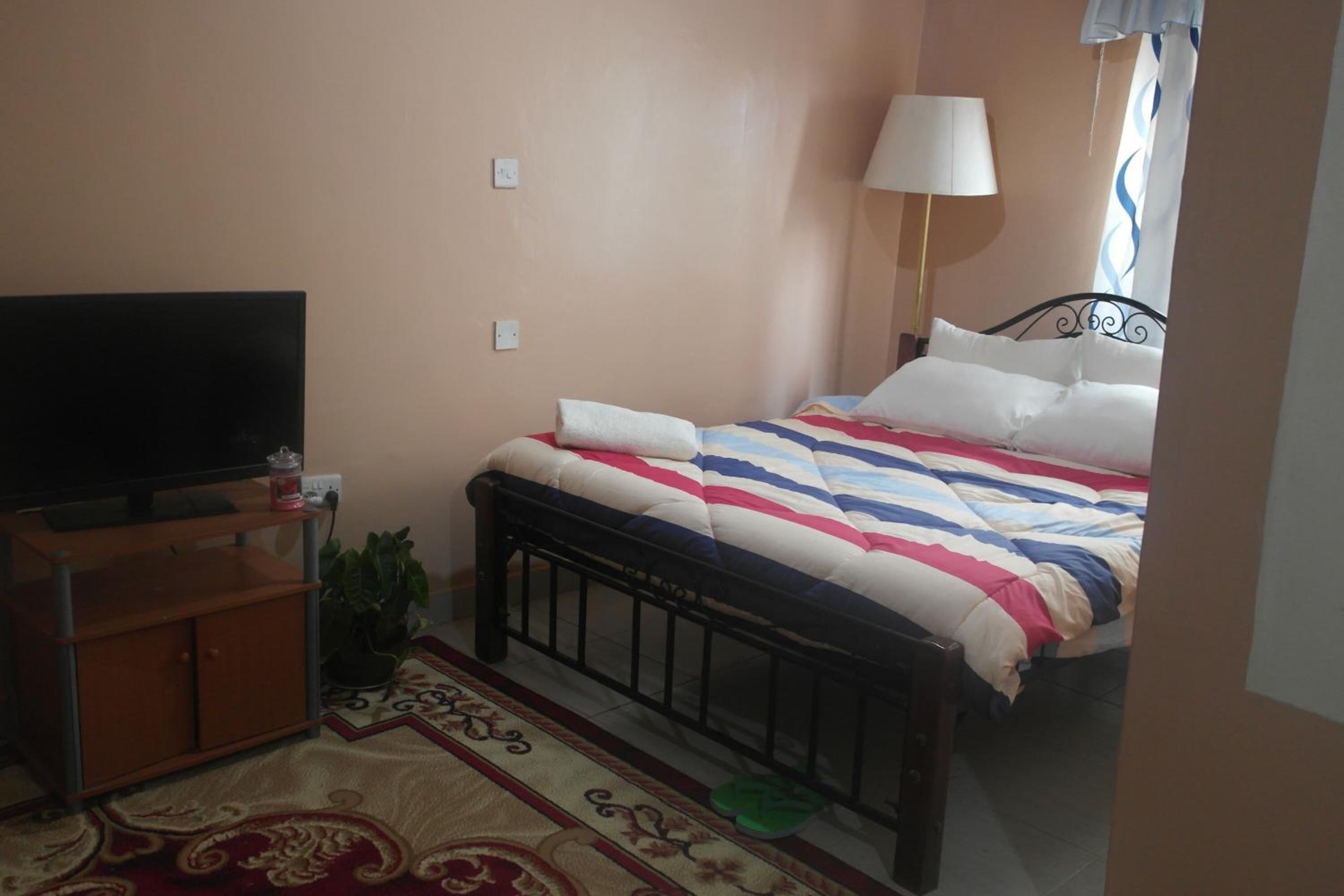 Un dormitorio con una cama, televisión, armario y l ámpara.