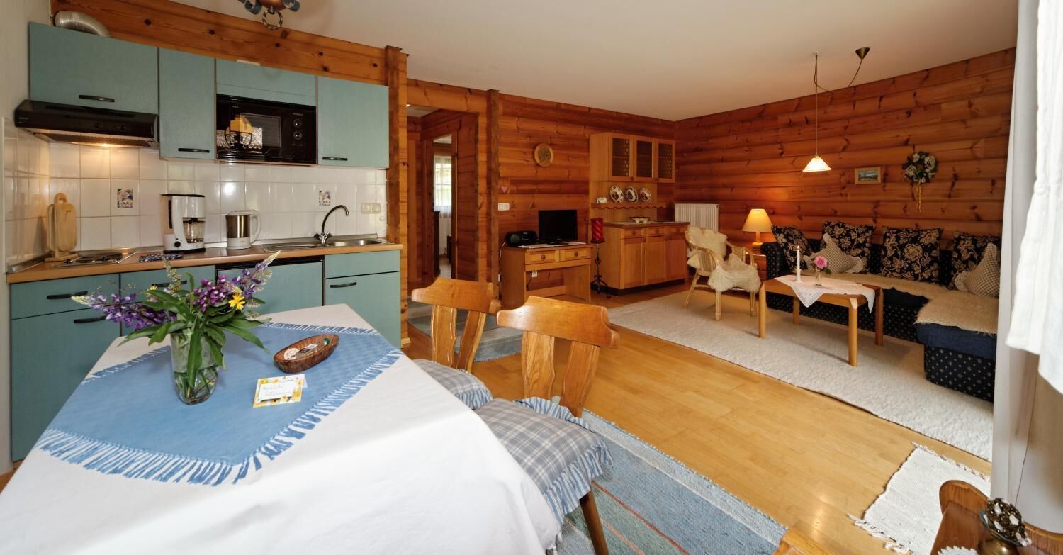 A cozy cabin-style room with a kitchen, dining area, and a living space.