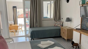 A hotel room with a bed, a desk, a chair, a TV, and a small dog. - Naples from a terrace - 6 (Napoli)