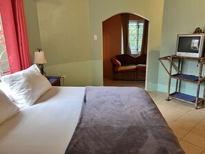 Chambre simple Deluxe, 1 grand lit, non-fumeur, vue sur le jardin | Décor unique, ameublement unique, rideaux d’obscurcissement