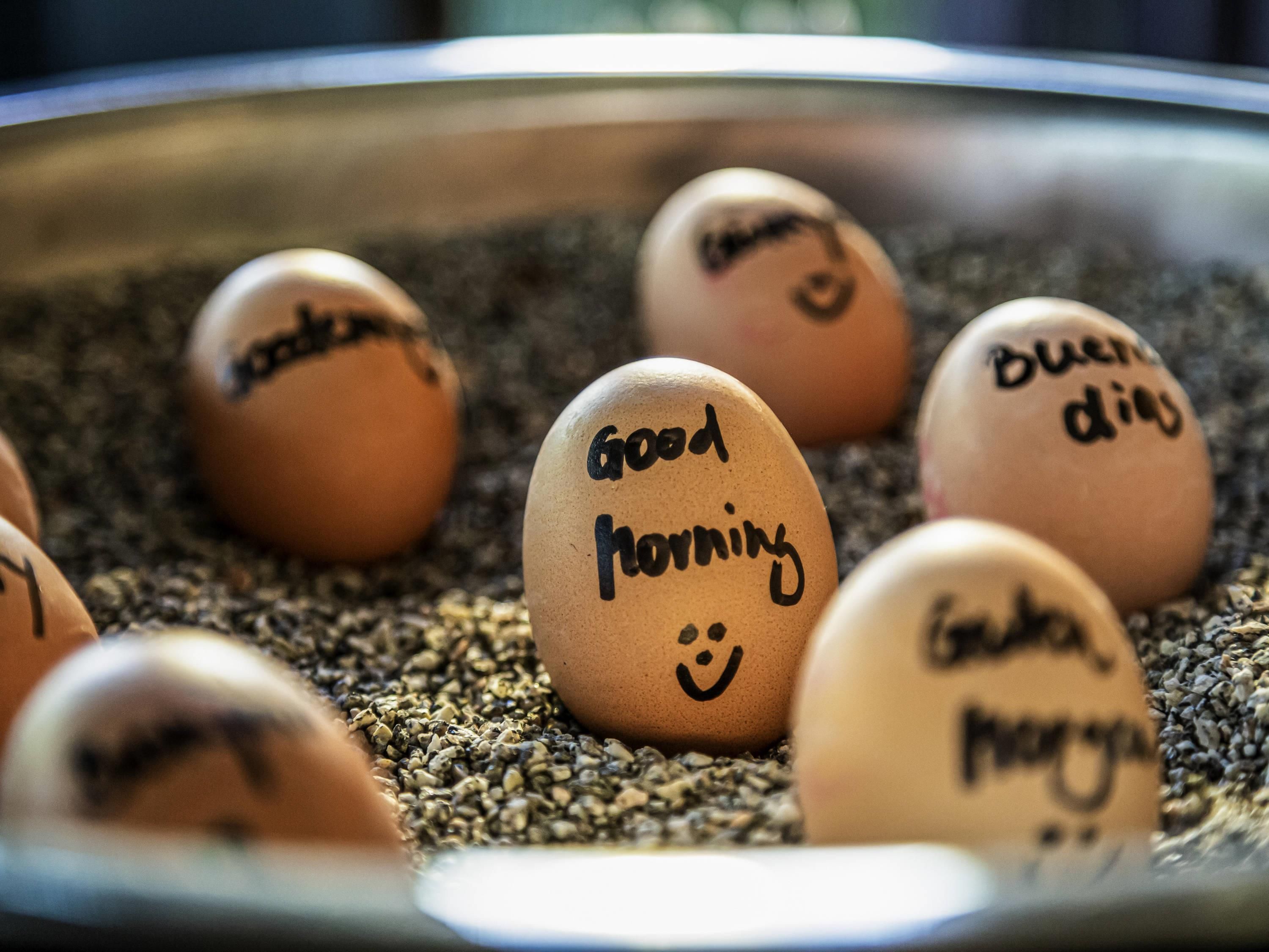Eggs with messages like 'Good morning' and 'Buenos días' on a tray.