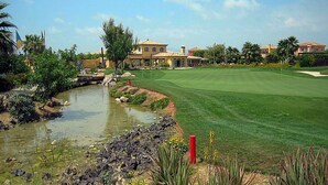 Un campo de golf con un estanque, palmeras y casas al fondo.
