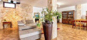 Smart TV, fireplace, books, offices