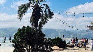 A beach with palm trees, string lights, and people enjoying the water.