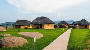 A row of thatched-roof cottages with a paved walkway in between.