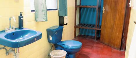 A bathroom with a blue sink, toilet, and a wooden shelf.