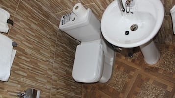 A bathroom with a toilet, sink, and a towel rack.