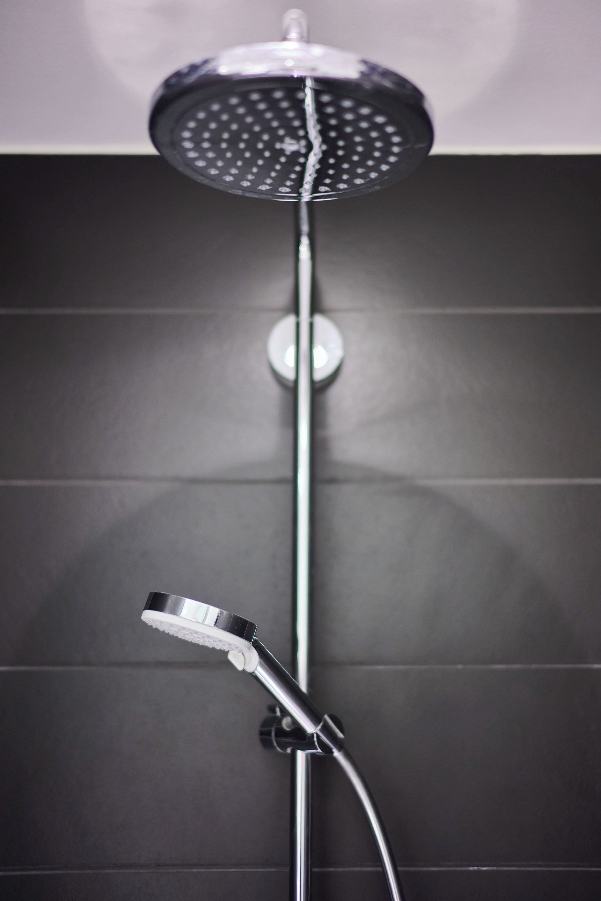 Een douche met een ronde douchekop en een handdouche.