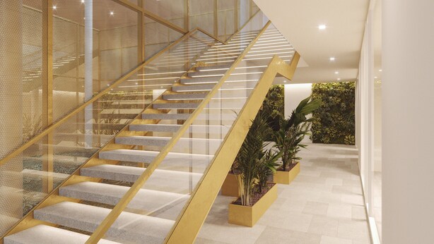 A modern interior with a glass-walled staircase, potted plants, and a clean, minimalist design. - Mövenpick Hotel Stuttgart Messe & Congress (Leinfelden-Echterdingen)